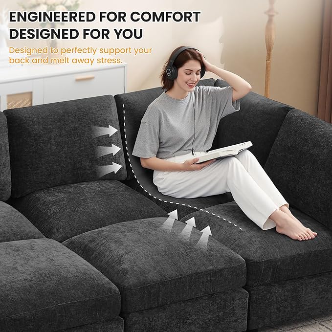 89'' Modular Sectional Cloud Sofa Bed, 6-Seater Convertible Sofa Couch with Ottoman, Modern Deep Seat Sleeper Sofa for Living Room, Chenille Dark Grey
