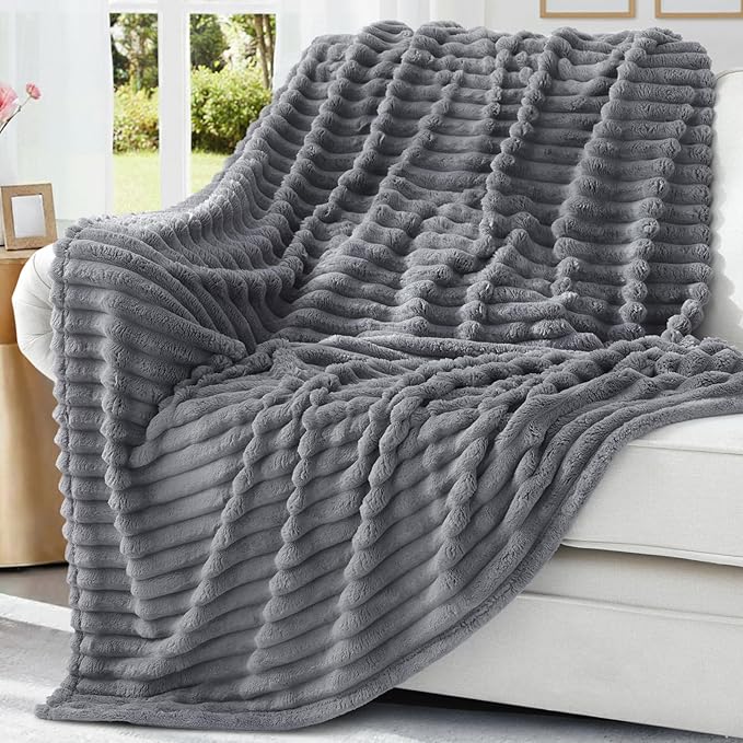 decorUhome Christmas Soft Fleece Grey Blanket King Size for Bed, Cozy Fluffy Plush Flannel Large Striped Throws for Couch Sofa, Lightweight Decorative Fuzzy Blanket for Woman, 108x90 Inches