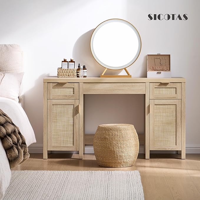 SICOTAS Rattan Vanity Home Office Desk - 52" Large Farmhouse Boho Makeup Vanity Dressing Table with 3 Drawers & 2 Storage Cabinets, Vanities Desk for Makeup Room, Bedroom, Home Office, Light Oak