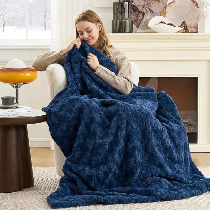 Cozy Bliss Faux Fur Throw Blanket for Couch, Fuzzy Soft Plush Thick Warm Fluffy Reversible Wave Textured Blanket for Sofa Bedroom Living Room, 55 * 70 Inches Navy Blue