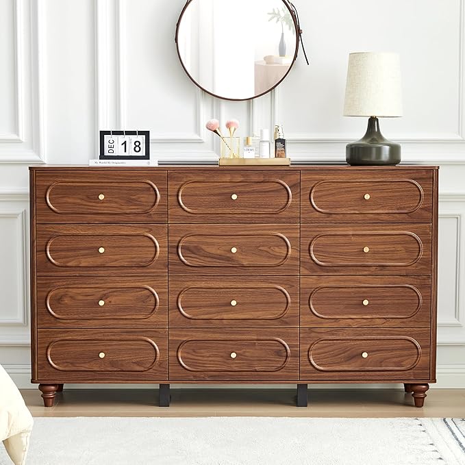 12 Drawer Fluted Dresser for Bedroom, Mid Century Modern Chest of Drawers, Wood Storage Small Dresser Organizer for Bedroom Living Room Hallway Closet, Walnut