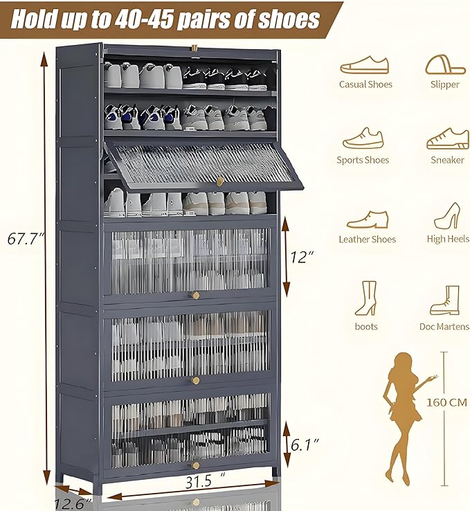 Tall Shoe Cabinet with Clear Doors, Large Capacity Bamboo Shoe Cabinet, 40-45 Pairs Shoe Rack Organizer for Closet Entrance, Hallway, Living Room, Bedroom