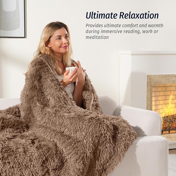 Wemore Shaggy Long Fur Faux Fur Weighted Blanket,Cozy and Fluffy Plush Sherpa Long Hair Blanket for Adult 15lbs,Fluffy Fuzzy Sherpa Reverse Heavy Blanket for Bed,Couch, Brown 48 x 72 Inches