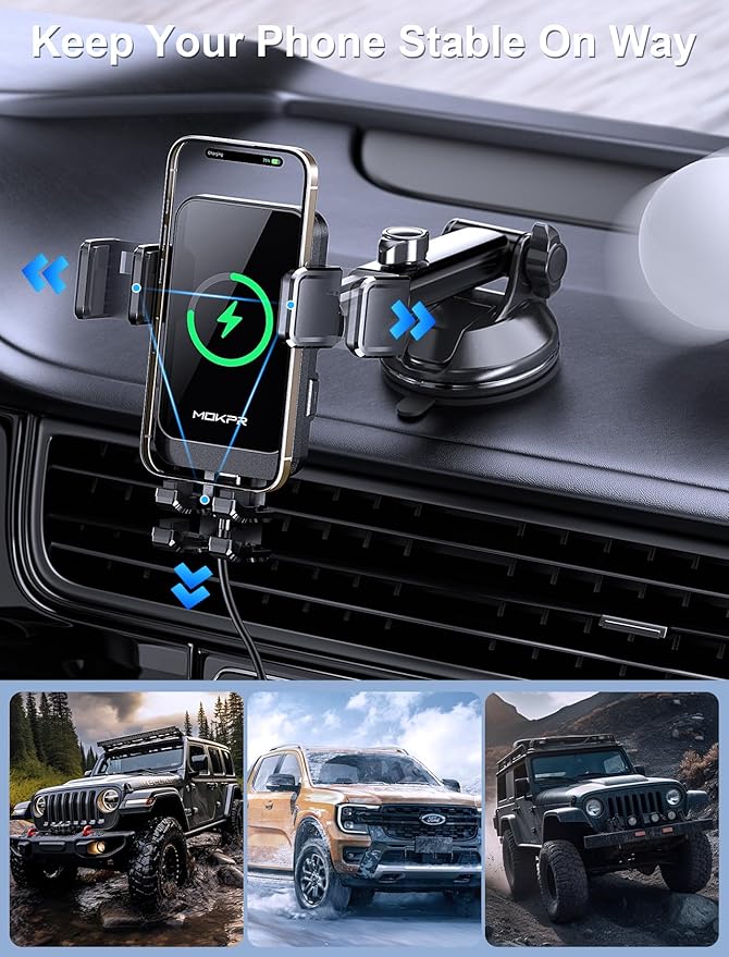Wireless Car Charger, MOKPR 15W Fast Charging Auto Clamping Air Vent Car Phone Holder with LED Light Car Charger for iPhone 16 15/14/13/12 Pro Max Plus, Samsung S23/S22/S21,etc