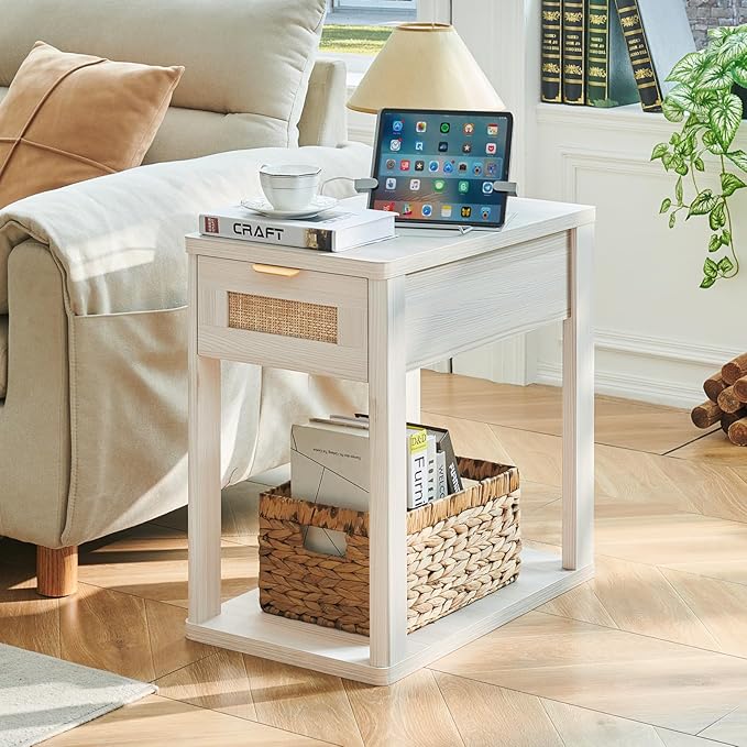 LEYAOYAO Narrow Side Table Set 2 with Charging Station,Rattan Night Stand with Drawer Storage,Natural Wood Bedside End Table with Metel Handle for Small Spaces,Boho Nightstand for Living Room Bedroom