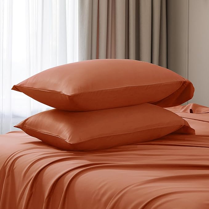 Linen World King Size 400TC Cooling Bed Sheet Set - 100% Organically Grown Viscose Sheets, Silky Soft & Breathable, Deep Pocket Fits Up to 16", 4-Piece Sheets with Pillowcases,Caremel