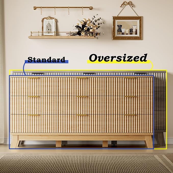 Fluted 9 Drawer Dresser, 57.1" Wide Modern Boho Chest of Drawers, Wooden Storage Dresser TV Stand for Bedroom, Living Room, Closet, Hallway, Curved Profile Design