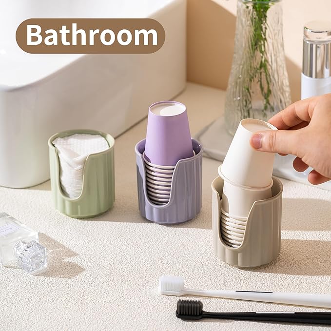 TANEW Kid Ceramic Bathroom Cup Dispenser with Stylish Vertical Stripes - Dixi Cup Dispenser & Mouthwash Cup Holder Holds 3oz Paper Cups for Rinsing Cups on Bathroom Vanity Countertops Glossy Rosepink