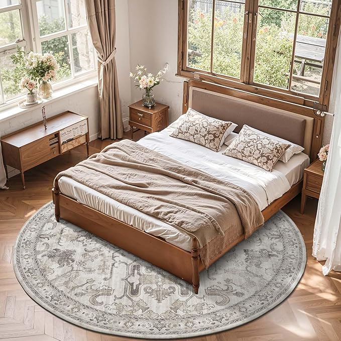 jinchan Round Rug 8ft Area Rug Vintage Floor Mat Kitchen Indoor Ultra-Thin Soft Floral Print Washable Circle 8' Accent for Farmhouse Non Slip Dining Room Living Room Bedroom Office Taupe