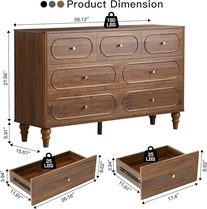 ORRD Fluted 7 Drawer Dresser for Bedroom, Modern Mid Century Chest of Drawers, Wood Storage Large Dresser Organizer for Bedroom Living Room Closet Hallway, Walnut
