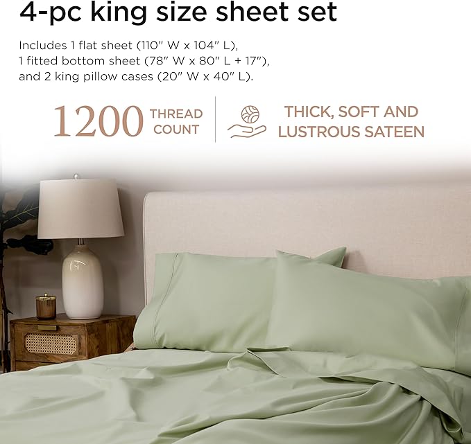 Threadmill Luxury Supima Cotton Sheets, 1200 Thread Count Soft 100% Cotton Sheets for King Size Bed, 4 Pc Sage Green King Bed Sheets Set, 5-Star Egyptian Hotel Quality with Elasticized Deep Pocket