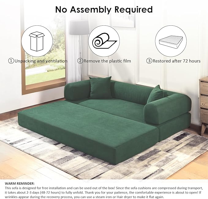 80" Convertible Sofa Bed, 3-in-1 Corduroy Folding Pull Out Couch with Pillows, No Assembly Modern Boneless Couch Compression Sofa in Box, Floor Sofa with Side Storage for Living Room,Light Green