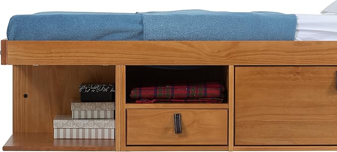 memomad Bali Slim Set: Storage Platform Bed with Drawers + Flat Panel Headboard (Queen Size, Oak Brown Wood)