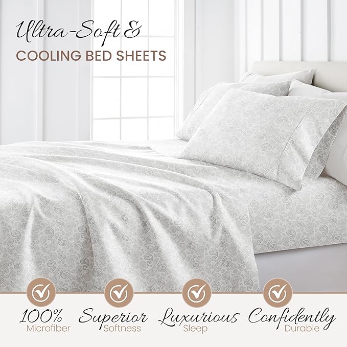 Linen Market Double-Brushed Patterned Microfiber Twin Sheet Set 3 Piece – Oeko-TEX Certified Ultra Soft & Wrinkle-Free - 16" Deep Pocket Sheets - Easy Care Twin Size - Coarse Paisley Light Gray