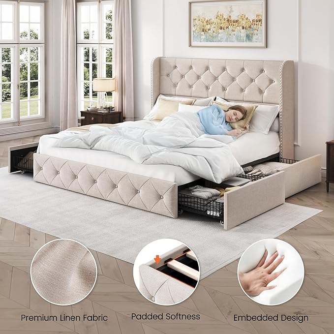 LARMACE Queen Size Bed Frame with 4 Storage Drawers and Tufted Headboard Linen Upholstered Platform Bed Frame Wingback Beds with Wooden Slats Support, Easy Assembly, Beige