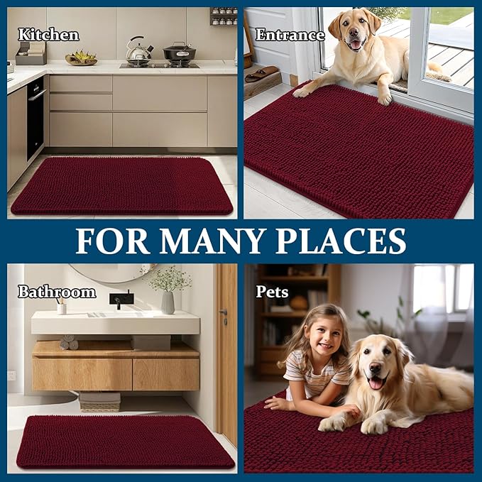 OLANLY Dog Door Mat for Muddy Paws 24x16, Absorbs Moisture and Dirt, Absorbent Non-Slip Washable Doormat, Quick Dry Chenille Mud Mat for Dogs, Entry Indoor Entryway Carpet for Inside Floor, Burgundy
