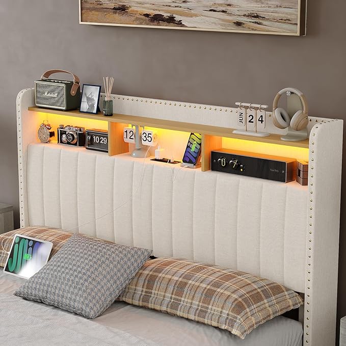 Queen Size Bed Frame with LED Light and Charging Station, Upholstered Bed Frame with 4 Drawers and 2-Tier Storage Headboard, Noise Free, Easy Assembly, Wooden Slats Support, No Box Spring Needed,White