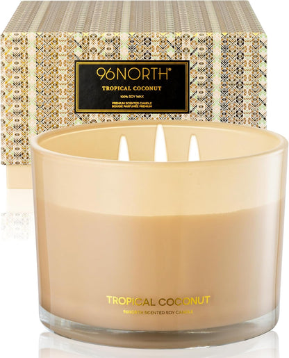 96NORTH Luxury Coconut Soy Candle | Large 3 Wick Jar Candle | Up to 50 Hours Burning Time | Tropical Beach Scented Candles for Home | 100% Natural Soy Wax | Housewarming Gift for Women and Men