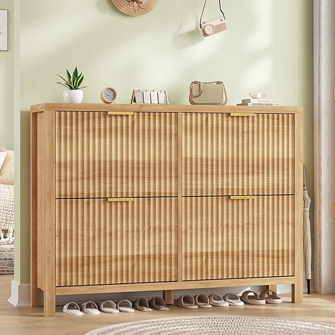 Shoe Cabinet Storage for Entryway, Fluted Shoe Cabinet with 4 Flip Drawers, Hidden Shoe Rack Freestanding Wooden Shoe Organizer with Legs for Hallway, Oak