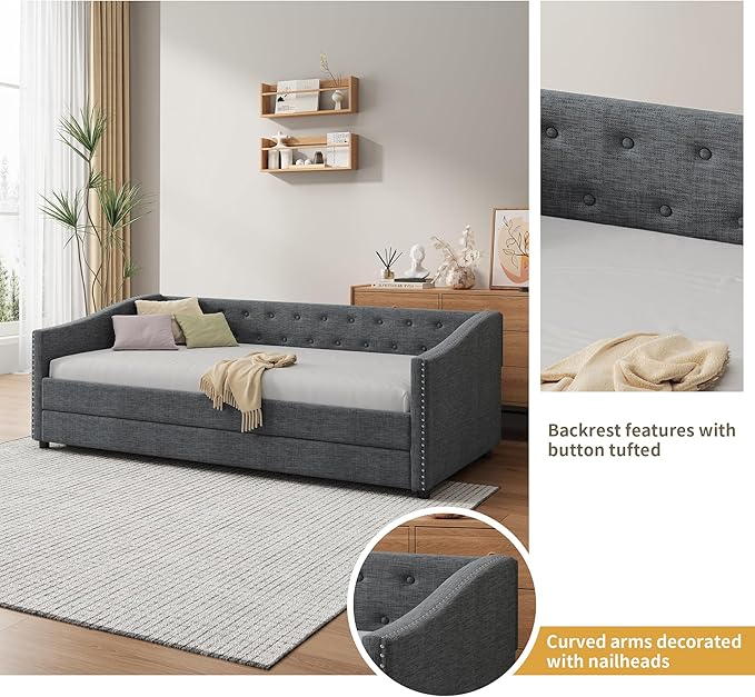 Favfurish Twin Size Daybed with Trundle Upholstered Day Bed Frame with Button Tufted Backrest and Nailhead Decorated Armrest for Living Room Bedroom,No Box Spring Needed,Dark Grey