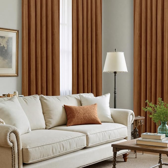 LAMIT Velvet Curtains for Living Room 96 Inches Long, Mid Century Thermal Blackout Curtains Room Darkening Back Tab and Rod Pocket Panels for French Country, 2 Panels, Bronze Brown, 52 x 96 Inch