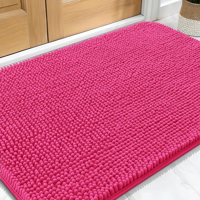 OLANLY Dog Door Mat for Muddy Paws 30x20, Absorbs Moisture and Dirt, Absorbent Non-Slip Washable Doormat, Quick Dry Chenille Mud Mat for Dogs, Entry Indoor Entryway Carpet for Inside Floor, Hot Pink