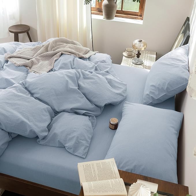 FOSSA Duvet Cover Set 100% Washed Cotton Linen Feel Super Soft Breathable Cozy 3 Pieces Bedding Sets Solid Sky Blue King