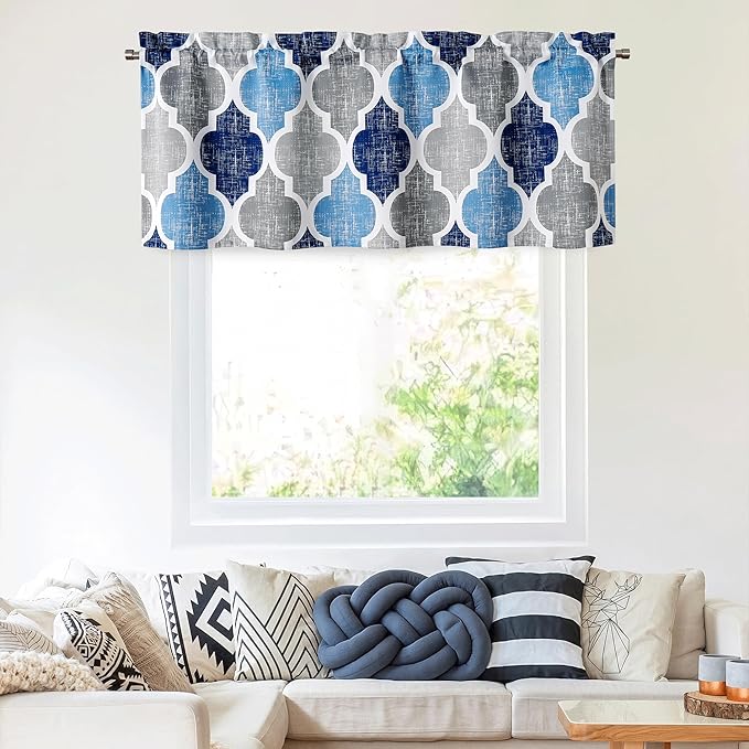 Beauoop Lattice Blackout Window Valance Curtain Panels Thermal Insulated Noise Reduction Drapes for Kitchen Cafe Living Room Quatrefoil Window Treatment Sets Rod Pocket, 50W x 18L, Blue/Gray, 1 Panel