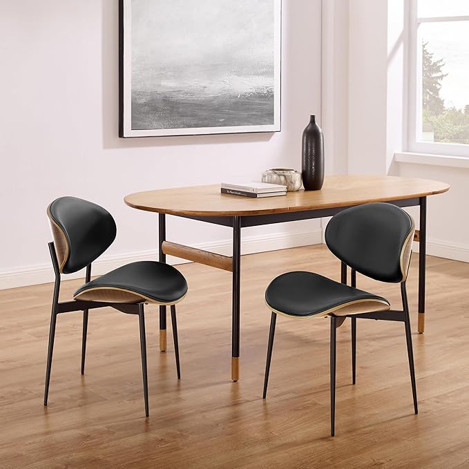 Art Leon Genuine Leather Dining Chairs Set of 2, Mid Century Modern Chair, Upholstered Kitchen Dining Room Chairs, Armless Accent Chair with Black Walnut Bendwood, Black