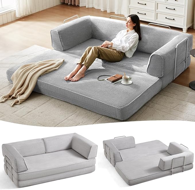 LINSY HOME 79'' Convertible Sofa Bed - Sleeper Sofa Compression Folding Loveseat Sleeper - Foldable Corduroy Couch Bed for Living Room Bedroom - Modular Sectional Compressed Sofa in Box, Grey