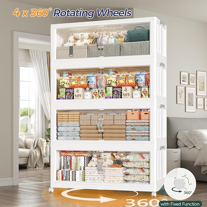 360QT Plastic Stackable Storage Bins with Lid, 90GAL Extra Large Collapsible Box with Wheels Clear Door, Foldable Closet Organizer Container Cabinet Drawer for Home Kitchen，3Pack, White