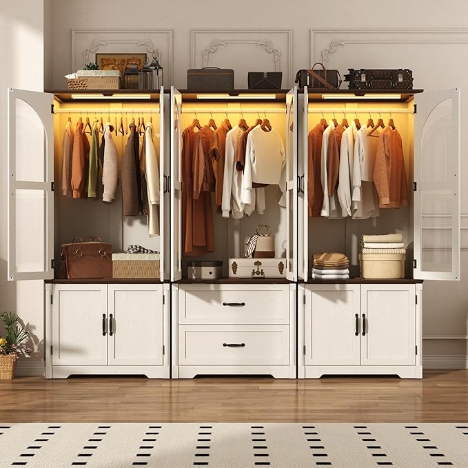 Tall Farmhouse 6 Doors Armoire Wardrobe Closet with LED ,72" Freestanding Arched Wardrobe Closet Cabinet for Bedroom w Glass Doors/Drawers,Wooden Clothing Storage Cabinet,Closets for Bedroom(White)