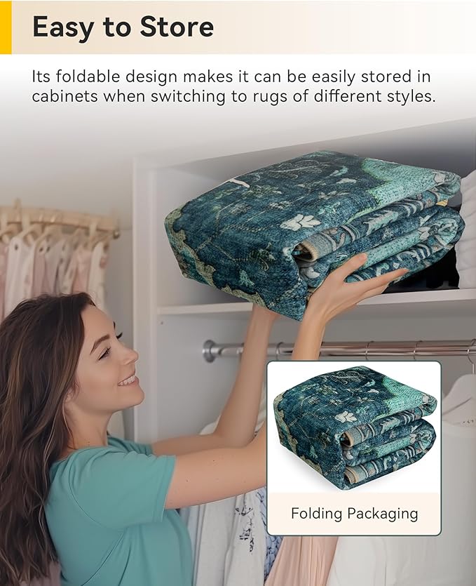 Area Rugs 2'6''x14' Washable Non-Slip, Floral Vintage Distress Print Pattern Medallion Carpet for Living Room Bedroom Dining Room, Teal Green Lake Blue Turquoise