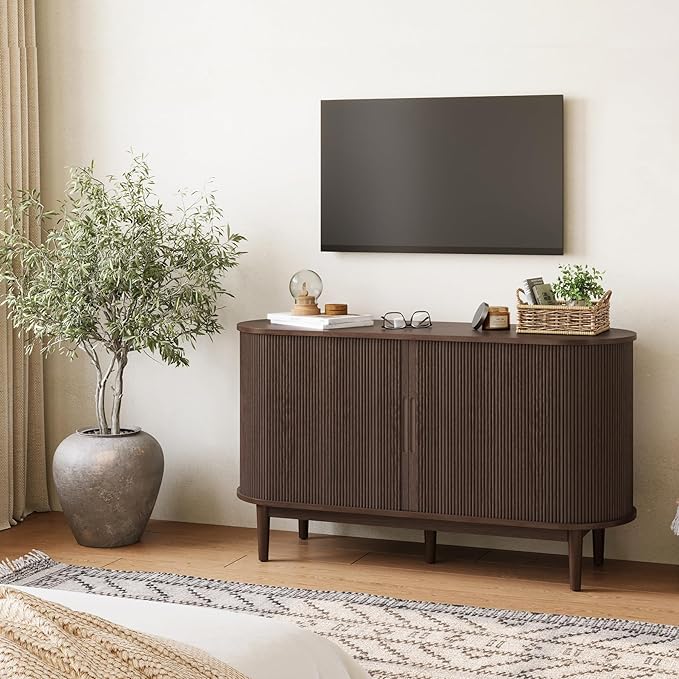 LINSY HOME Sideboard Buffet Cabinet with Storage, 55" Fluted Coffee Bar Cabinet with Tambour Sliding Doors and Drawer, Mid Century Modern Wood Storage Buffet Table for Kitchen, Living Room, Walnut | with Storage, Fluted, Coffee Bar Cabinet, Drawer, Mid...