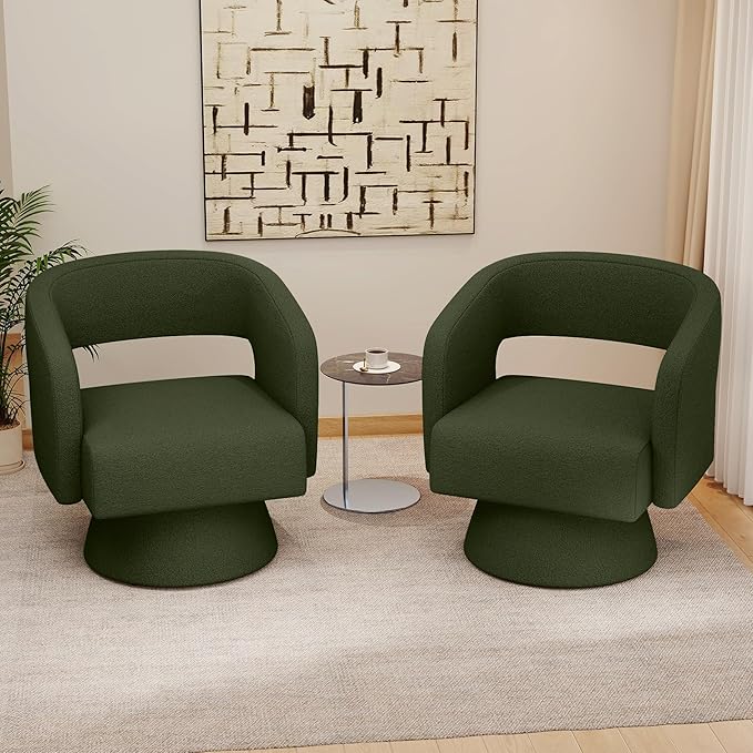 Swivel Accent Chair, Modern Comfy Teddy Barrel Chairs, Oversized Upholstered Round Arm Chair for Living Room, Bedroom, Reading Room, Green, 1 PCS