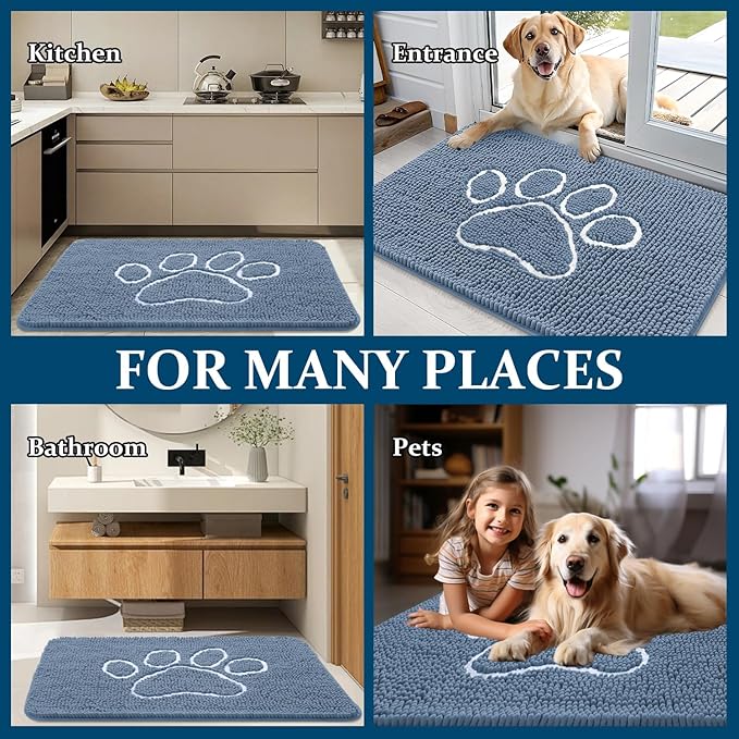 OLANLY Dog Door Mat for Muddy Paws 24x16, Paw Print Design, Absorbs Moisture and Dirt, Non-Slip Washable Doormat, Quick Dry Chenille Mud Mat, Entry Indoor Entryway Carpet, Airy Blue and White