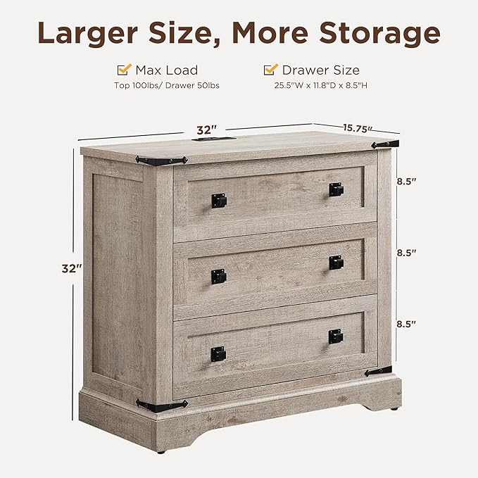 T4TREAM Farmhouse 3 Drawers Dresser for Bedroom, Rustic Wood Double Dresser TV Stand, Wide Storage Dressers Organizer for Living Room, Hallway, Light Rustic Oak