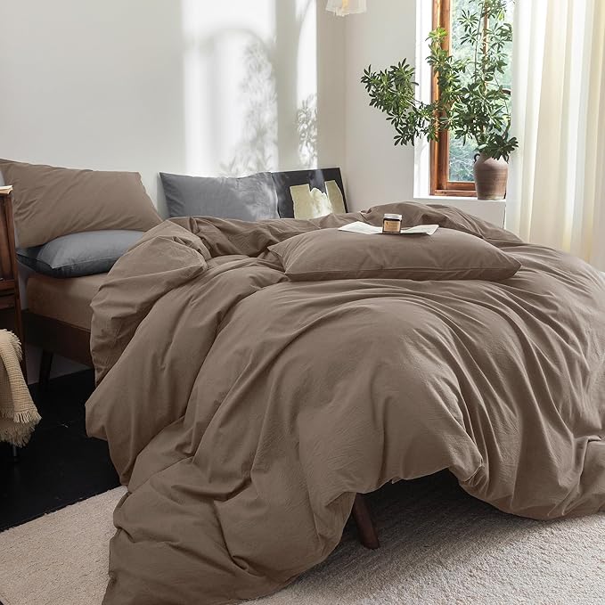 FOSSA Duvet Cover Set 100% Washed Cotton Linen Feel Super Soft Breathable Cozy 3 Pieces Bedding Sets Solid Pale Brown Super King Plus