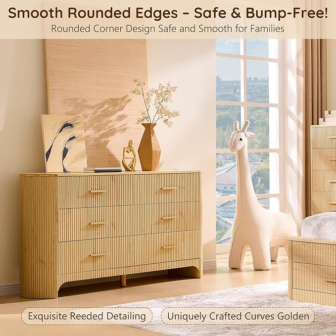 Fluted 6 Drawer Dresser for Bedroom with Curved Profile Design, 53.9 Inch Wide Chest of Drawers, Smooth Glide Storage Cabinet for Living Room, Natural Oak