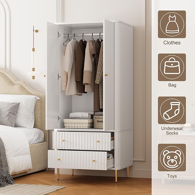 HLR 72" Modern Armoire Wardrobe Closet with Doors and Drawers, Bedroom Armoire Cabinet with Hanging Rod, Wooden Clothing Storage Cabinet,White