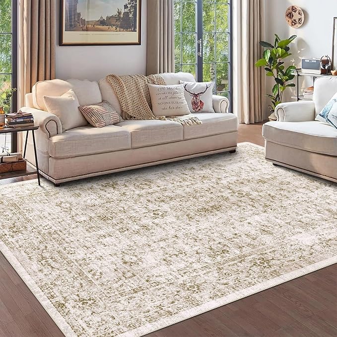 5x7 Area Rugs - Ultra-Thin Washable Rug with Non-Slip Backing, Ideal for Living Room, Bedroom, Dining Room Indoor - Vintage, Easy Clean, Durable, Low Pile Rug Olive