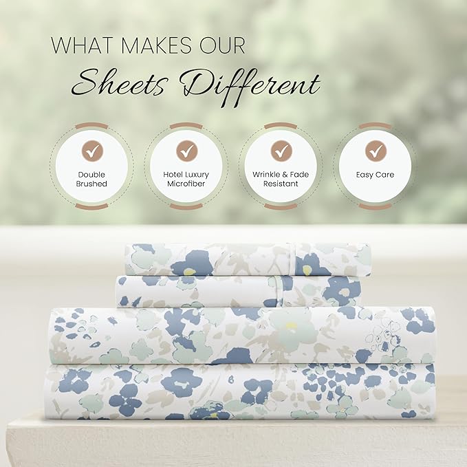 Linen Market Patterned Microfiber King Sheet Set 4 Piece – Oeko-TEX Certified Ultra Soft & Wrinkle-Free - 16" Deep Pocket Sheets - Easy Care King Size - Violets Light Blue