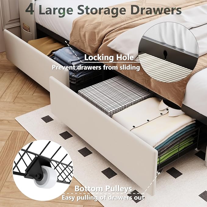 Full Bed Frame with 4 Drawers and Storage Headboard, Upholstered Platform Bed Frame Full Size with Led Lights and Handy Charging Station, No Box Spring Needed, Easy Assembly, Noise Free, Beige