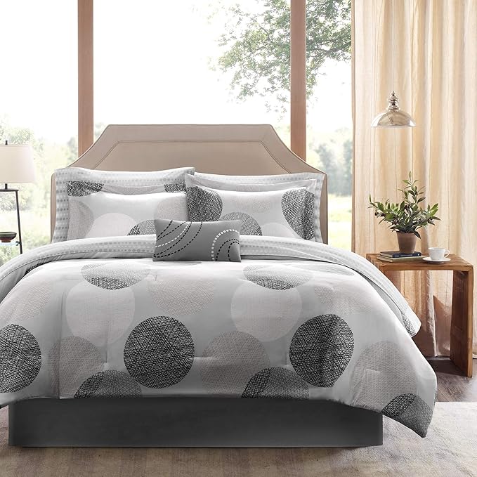 Madison Park Essentials Bed in a Bag Comforter, Vibrant Color Design All Season Down Alternative Cover with Complete Cotton Sheet Set, Twin(68"x86"), Knowles, Circular Grey, 7 Piece