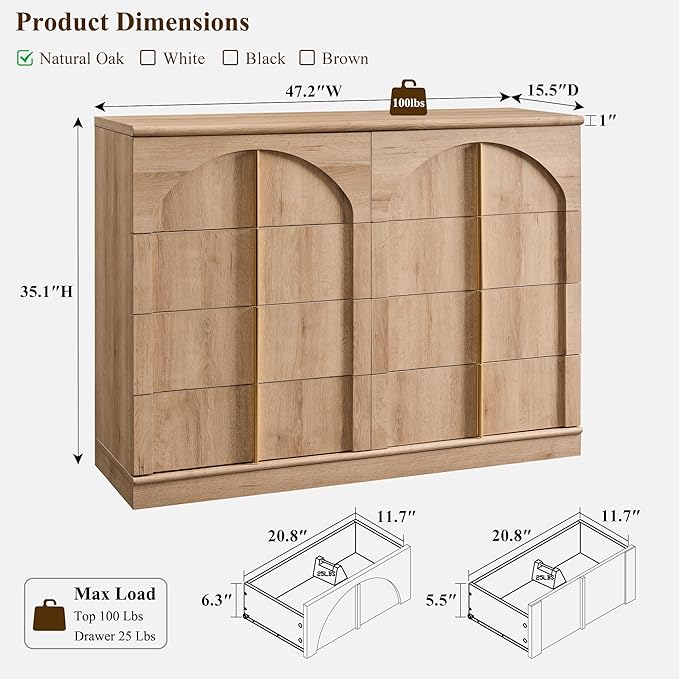 ACCOHOHO Large Dresser for Bedroom with 8 Drawers with Arched Panel,Modern Minimalist Chest of Drawers with Gold Handles,Wood Storage Closet Dressers Tv Stand for Living Room, Hallway,Natural Oak