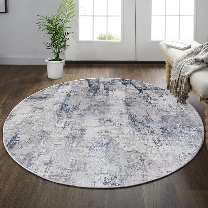 vivorug Round Rug 4ft Abstract Round Area Rug Non-Slip Indoor Carpet for Living Room Bedroom Entryway, Stain Resistant Home Decor Circle Rug, Grey/Navy