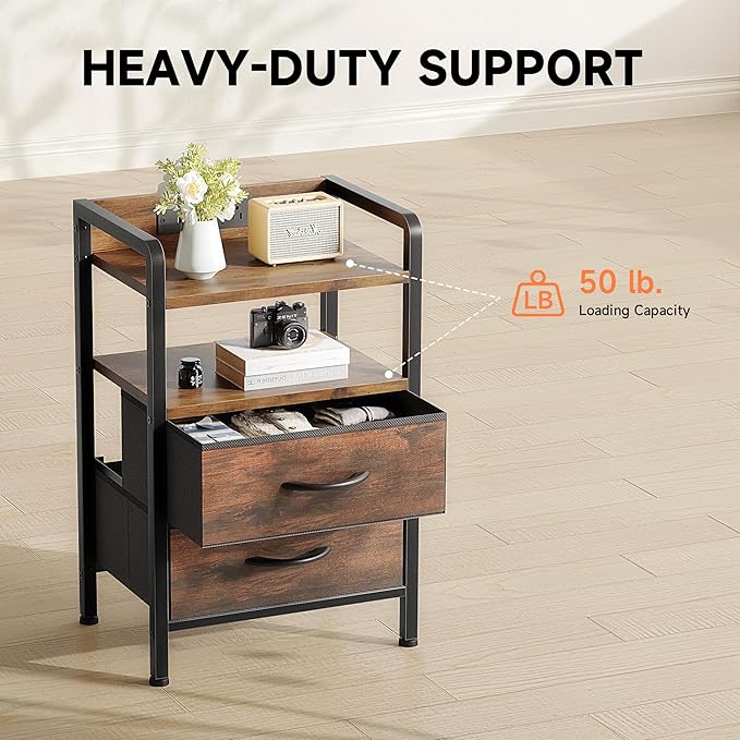 Night Stand Bedside Table Bedroom - Nightstand with Charging Station, Night Stand with LED Light Strip, End Table with U-S-B Ports & AC Outlets, Storage Shelf & 2 Fabric Drawers, Rustic Brown