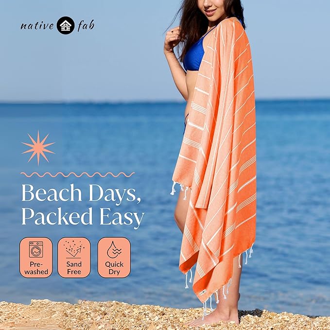 Native Fab Oversized Turkish Beach Towels 4 Pack, Fast Drying, Lightweight, Sand Free, Multipurpose Cotton for Pool, Spa, Travel, Summer - Black, Burgundy, Indigo Blue, Orange