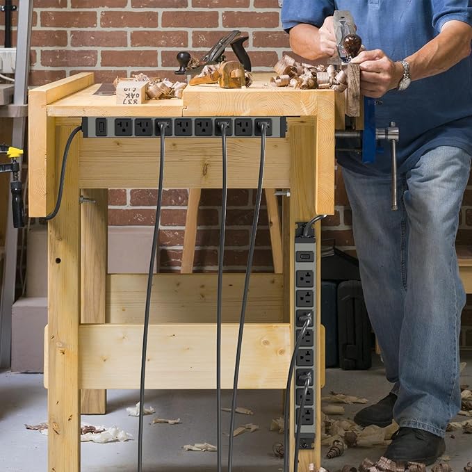 JUNNUJ Heavy Duty Power Strip Wall Mount,Magnetic Power Strip,20 Amp Surge Protector 1200J Metal 8 Outlet Under Desk,Garage Mountable Power Bar Table Socket Industrial Outlets 6-20R T-Slot,6FT 12AWG