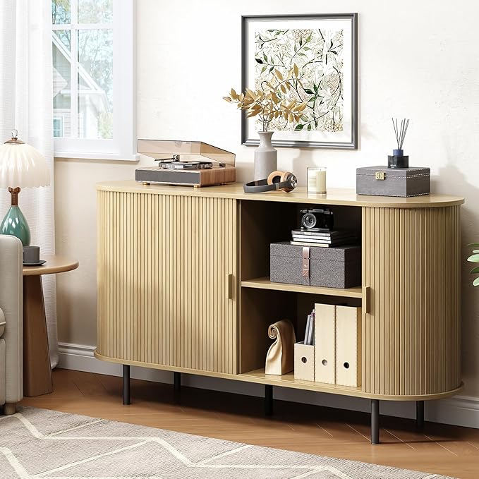 Buffet Cabinet with Storage, Fluted Sideboard Buffet with Sliding Door, Coffee Bar Cabinet with Adjustable Shelf, Console Table, Accent Table for Entryway, Kitchen (Oak, 55 Inch)